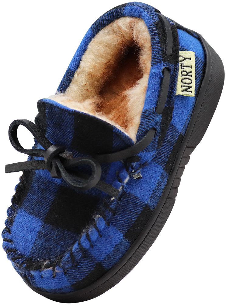 NORTY Toddler Boys Girls Unisex Fleece Plaid Moccasin Slip-on Slipper - Runs 2 Sizes Small