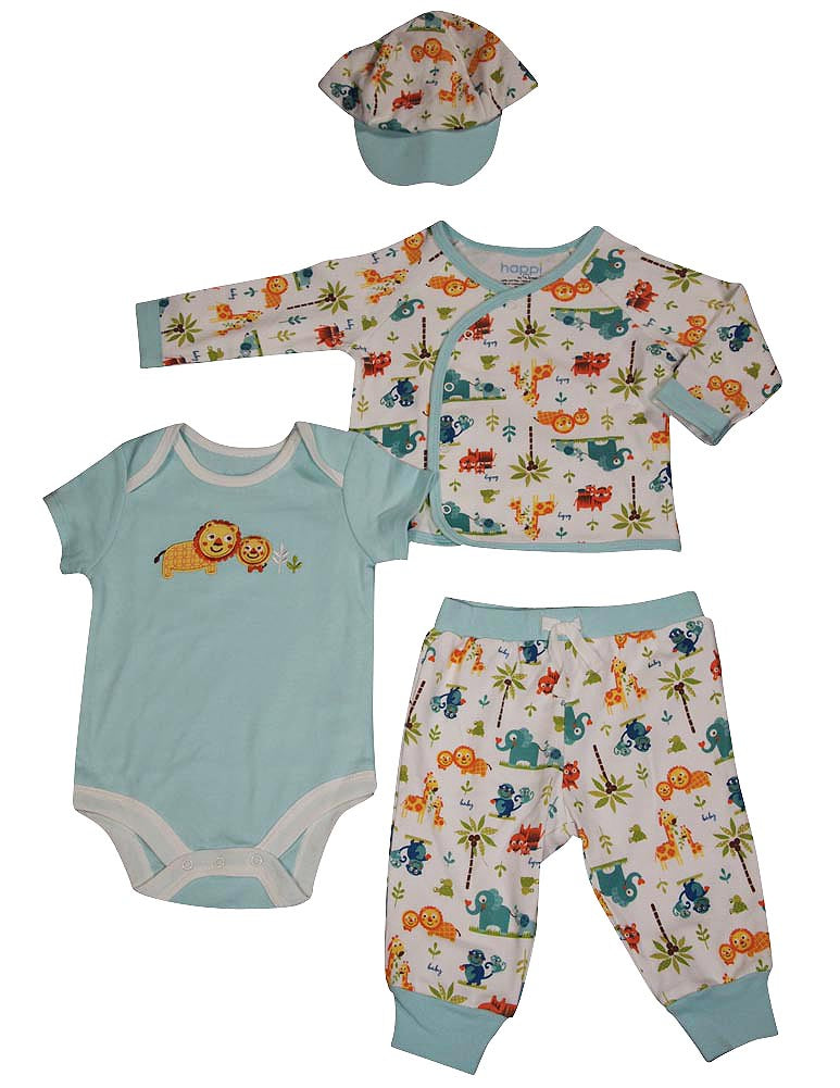 Happi by Dena Baby Boys Newborn 4 Piece Bodysuit Cardigan Pant and Hat Set