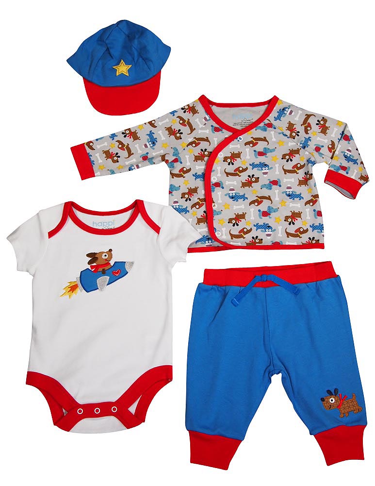 Happi by Dena Baby Boys Newborn 4 Piece Bodysuit Cardigan Pant and Hat Set