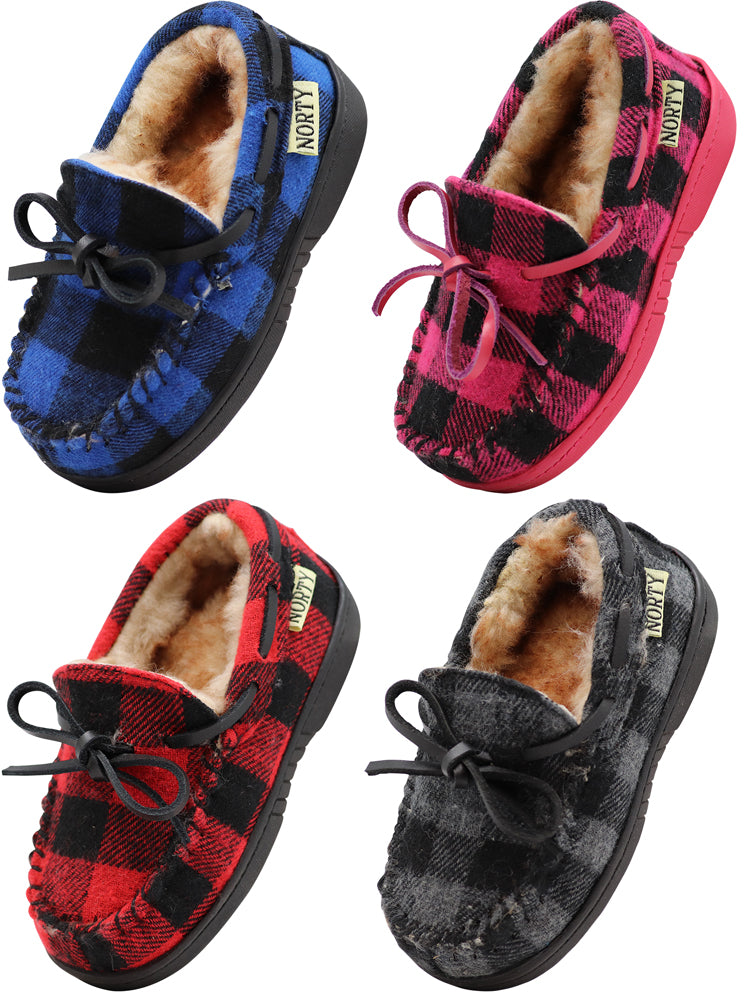 NORTY Boys Girls Kids Unisex Fleece Plaid Moccasin Slip-on Slipper - Runs 2 Sizes Small