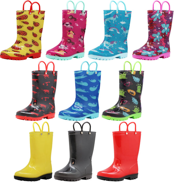 Norty Toddlers Little Big Kids Boys Girls Waterproof PVC Rain Boots - 10 Colors