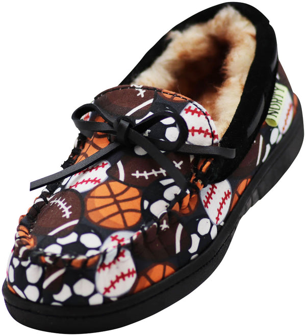 NORTY Little & Big Kid Boys Girls Fabric Printed Suede Trim Moccasin Slipper - Runs 2 Sizes Small
